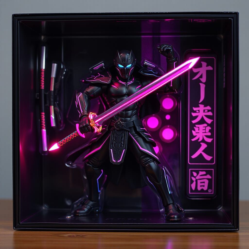 Cyber Samurai Action Figure in Neon-Lit Packaging