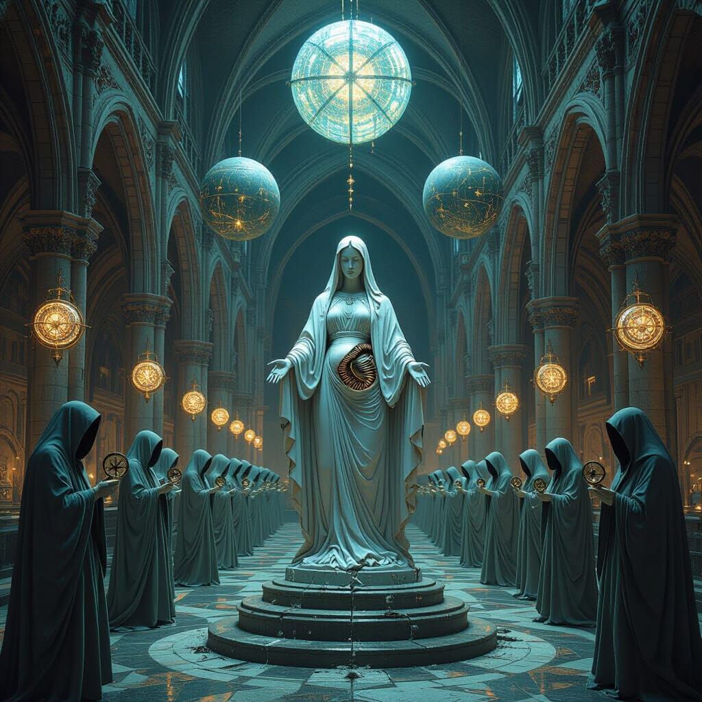 Eerie Cathedral Interior with Madonna and Centipede