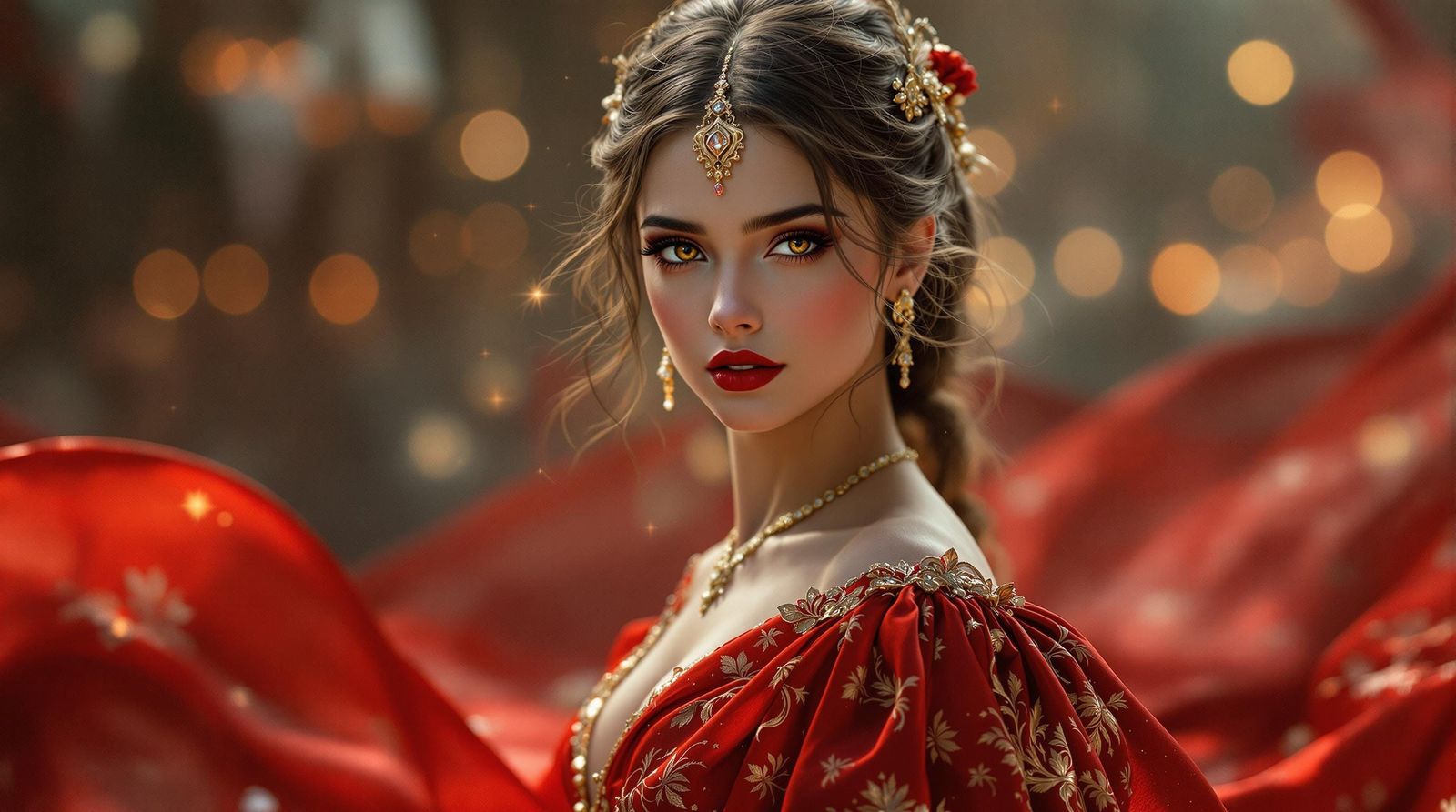 Regal Pre-Raphaelite Princess in Intricate Red Gown with Gol...