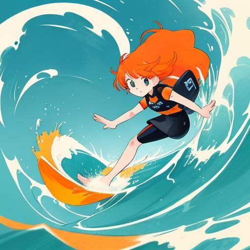 Girl with Orange Hair Surfing a Wave