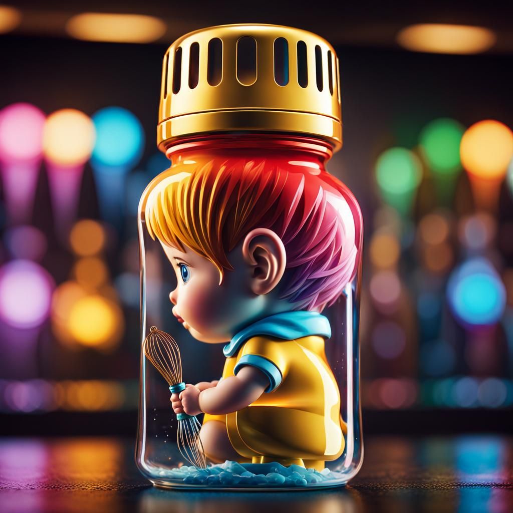 Golden Whiskey Bottle Double Exposure Chibi Portrait