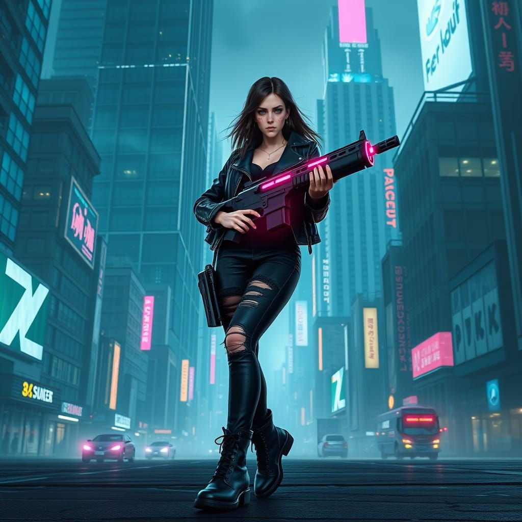 Girl with Gun in Futuristic Landscape