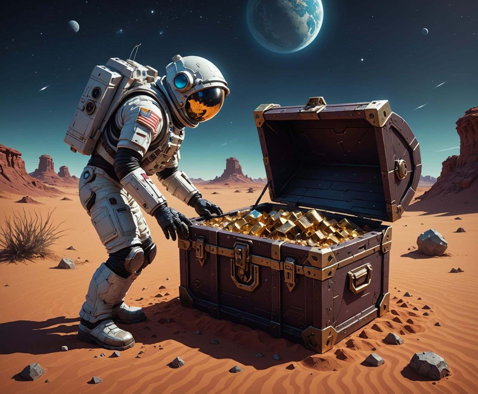 Astronaut and Treasure Chest on Alien Planet