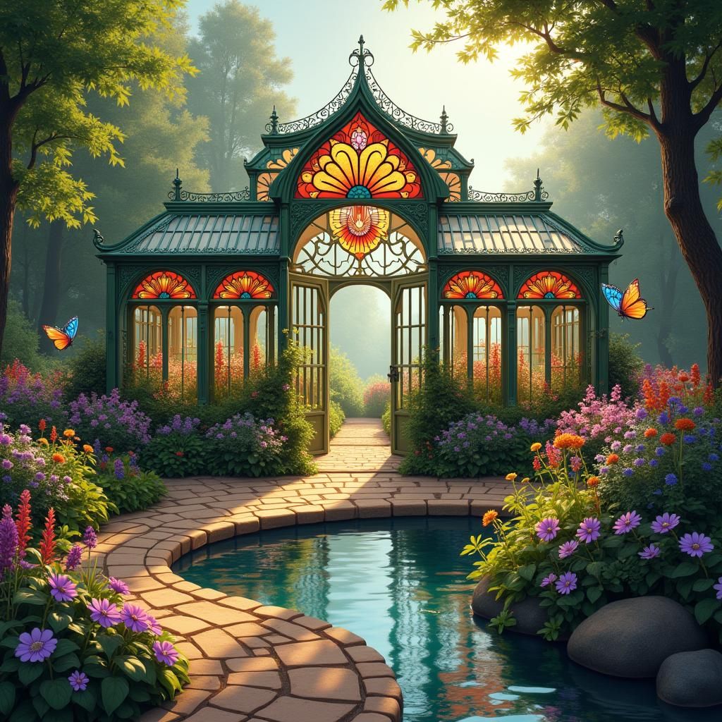 Victorian Greenhouse with Stained Glass and Pond