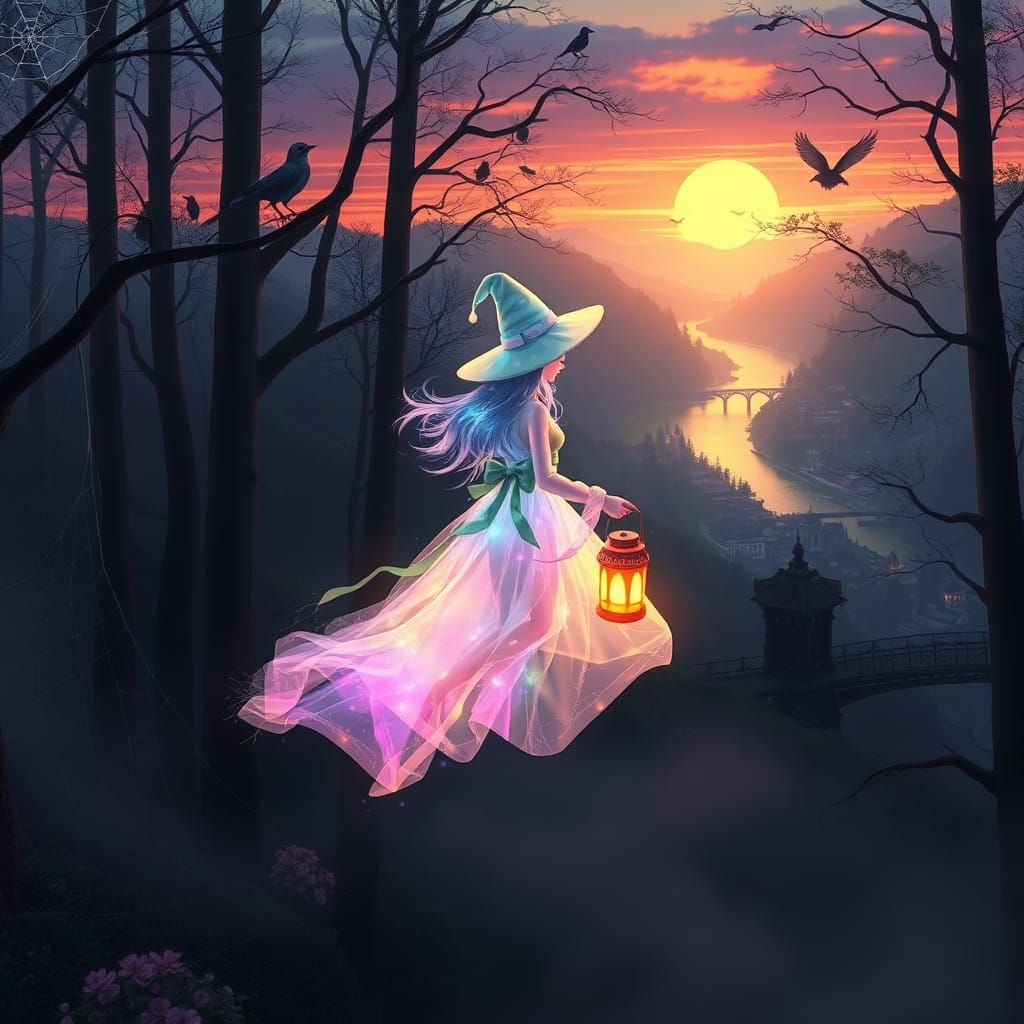 Glowing Witch Zooming Through Dark Forest, Anime Art