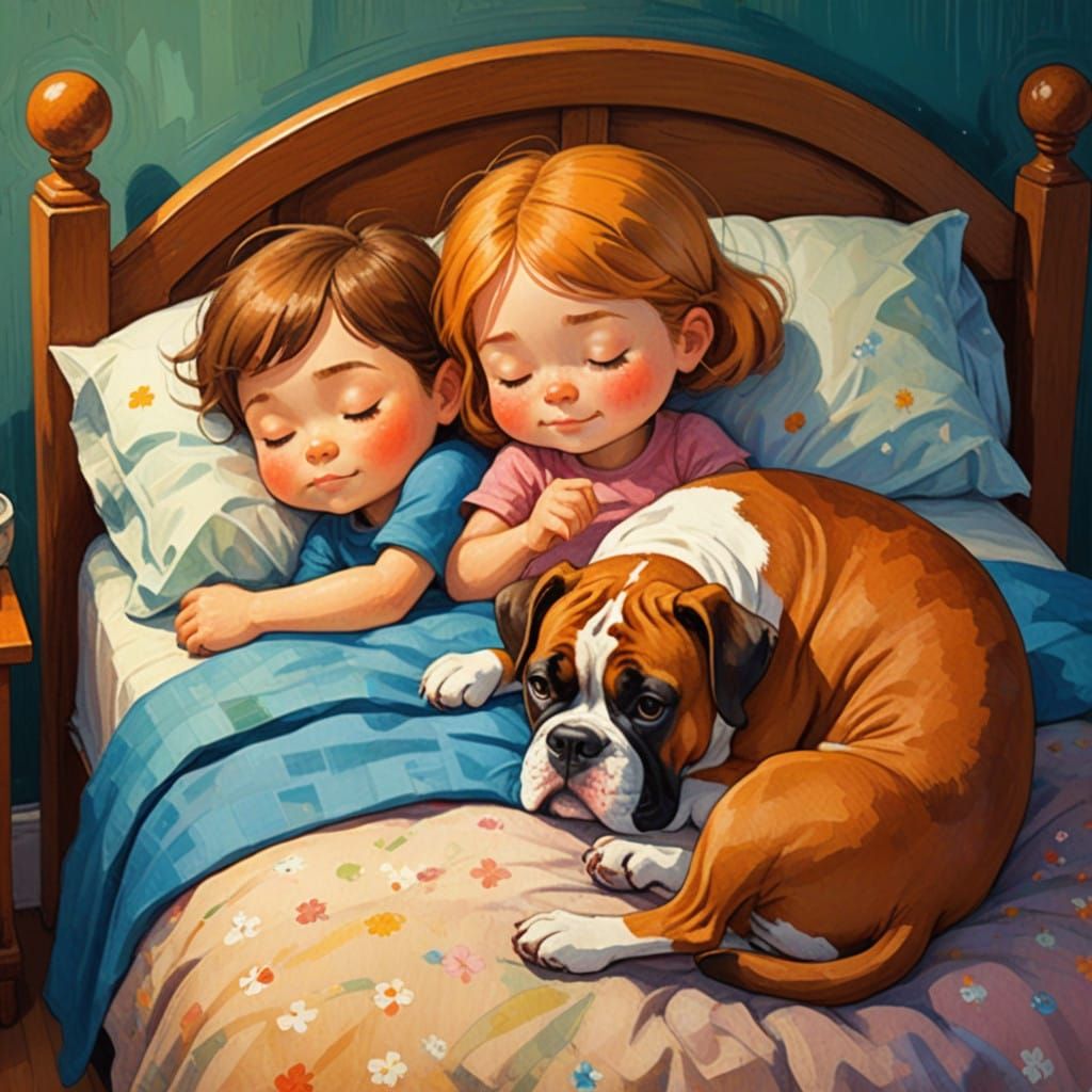 Whimsical Storybook Scene with Sleeping Children and Boxer D...