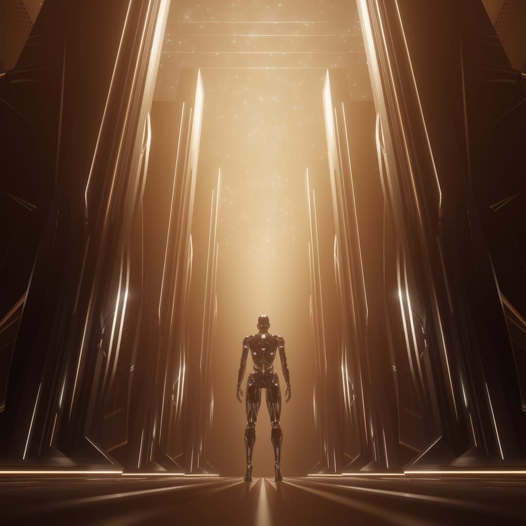 Sleek AI Figure in a Futuristic Celestial Hallway