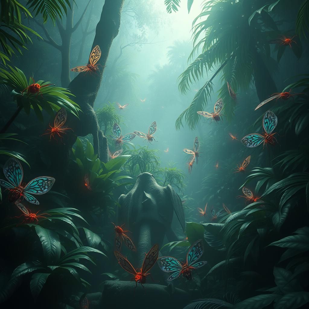 Lush Jungle Teeming with Bioluminescent Insects