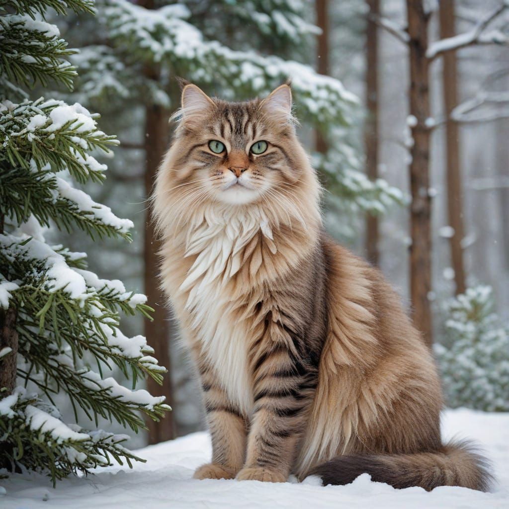 Serene Siberian Cat in a Snowy Watercolor Landscape