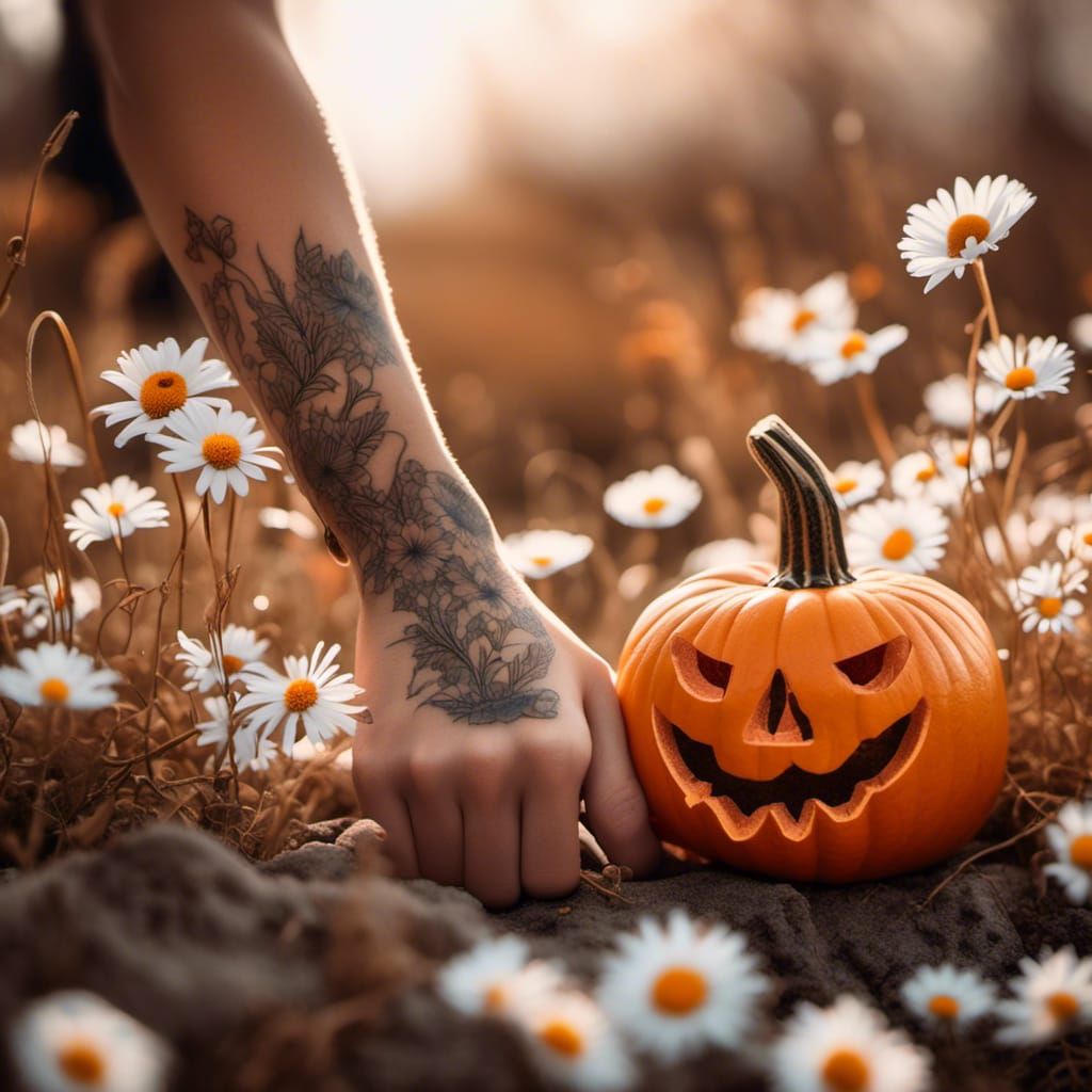 Halloween Tattoo Design: Pumpkin, Ghosts, and Daisies