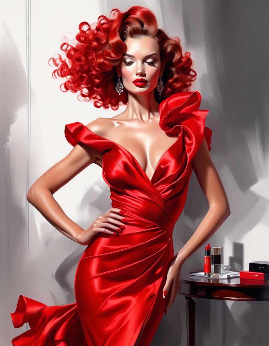 Stunning Woman in Red Dress Fashion Illustration