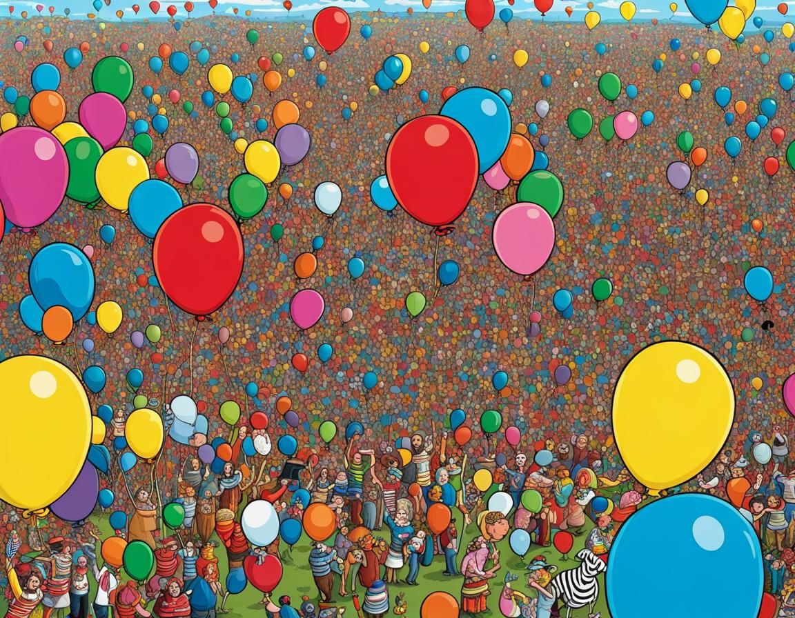 ballons in animals format, party scene "where is wally?": by Martin Handford, hyperdetailed, colorfull, funny scene, com...
