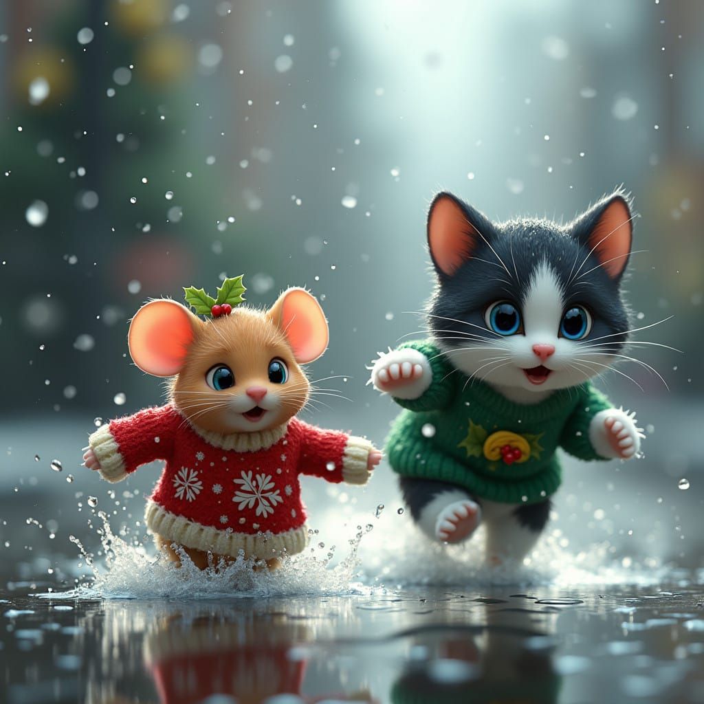 Festive Frenzy: Tiny Mouse Evades Pouncing Cat in Rainy Day....