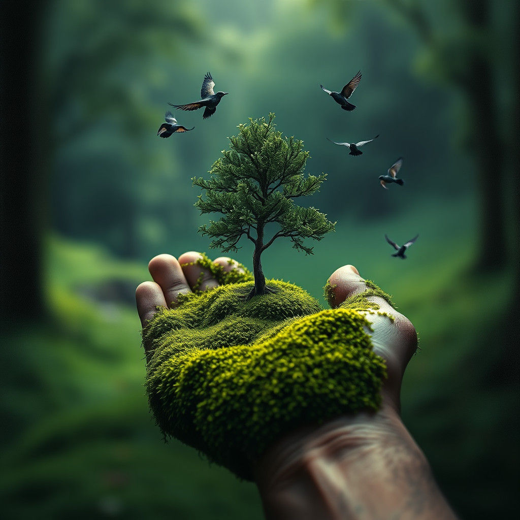Tenebrism Hand Holds Ground with Tree and Birds