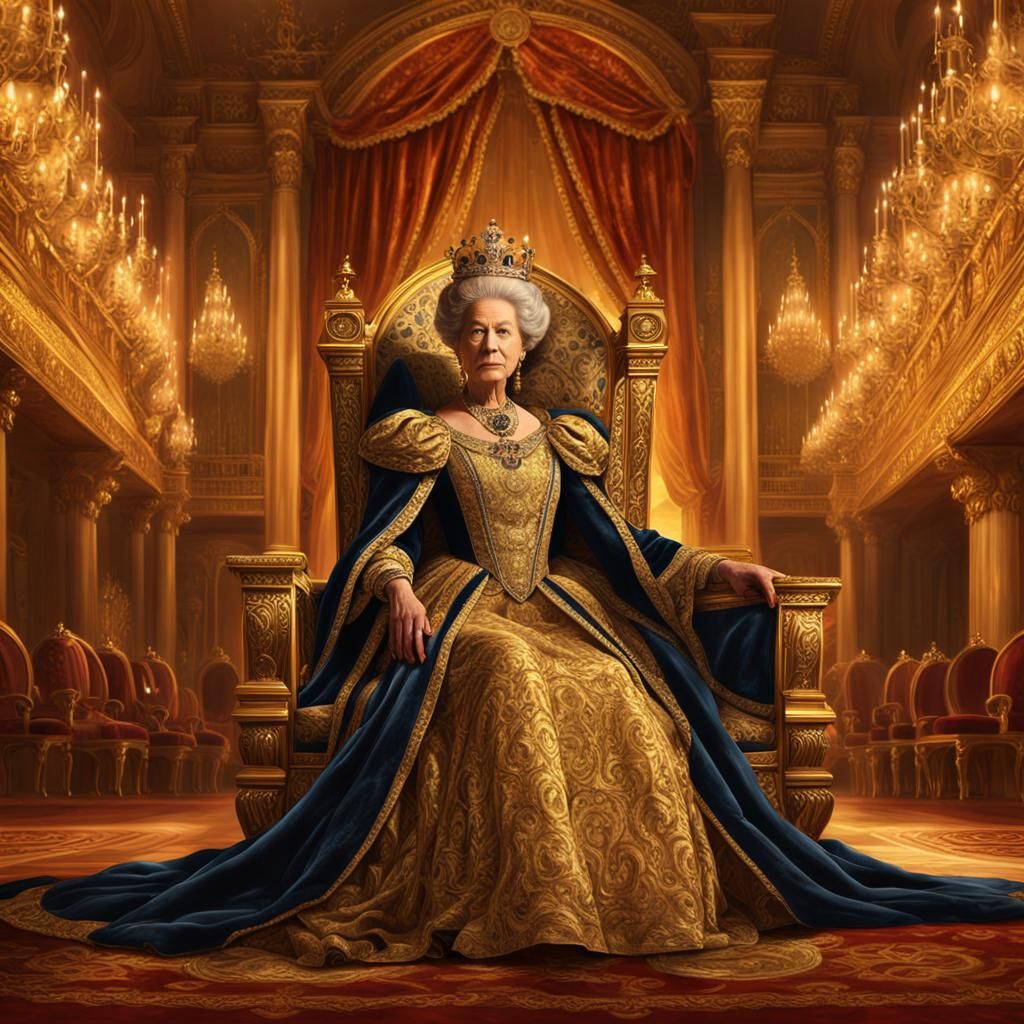 Regal Queen on Throne in Baroque Oil Painting Style