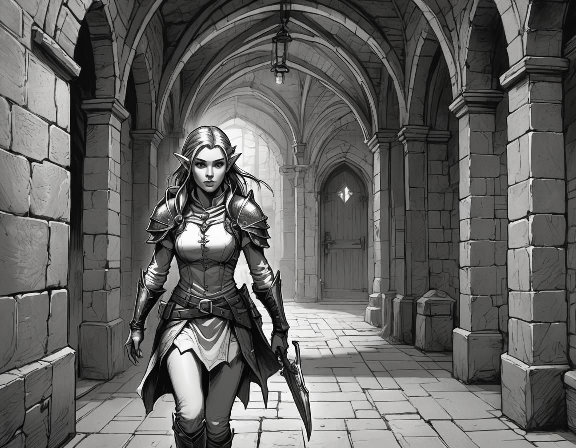 Elf Walks Dungeon Hallway in Comic Book Style
