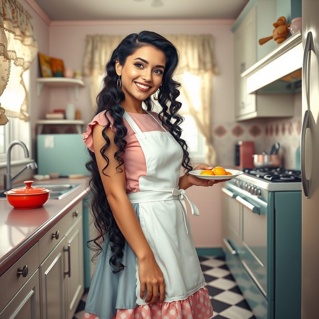 1950s Homemaker in Whimsical Kitchen Setting