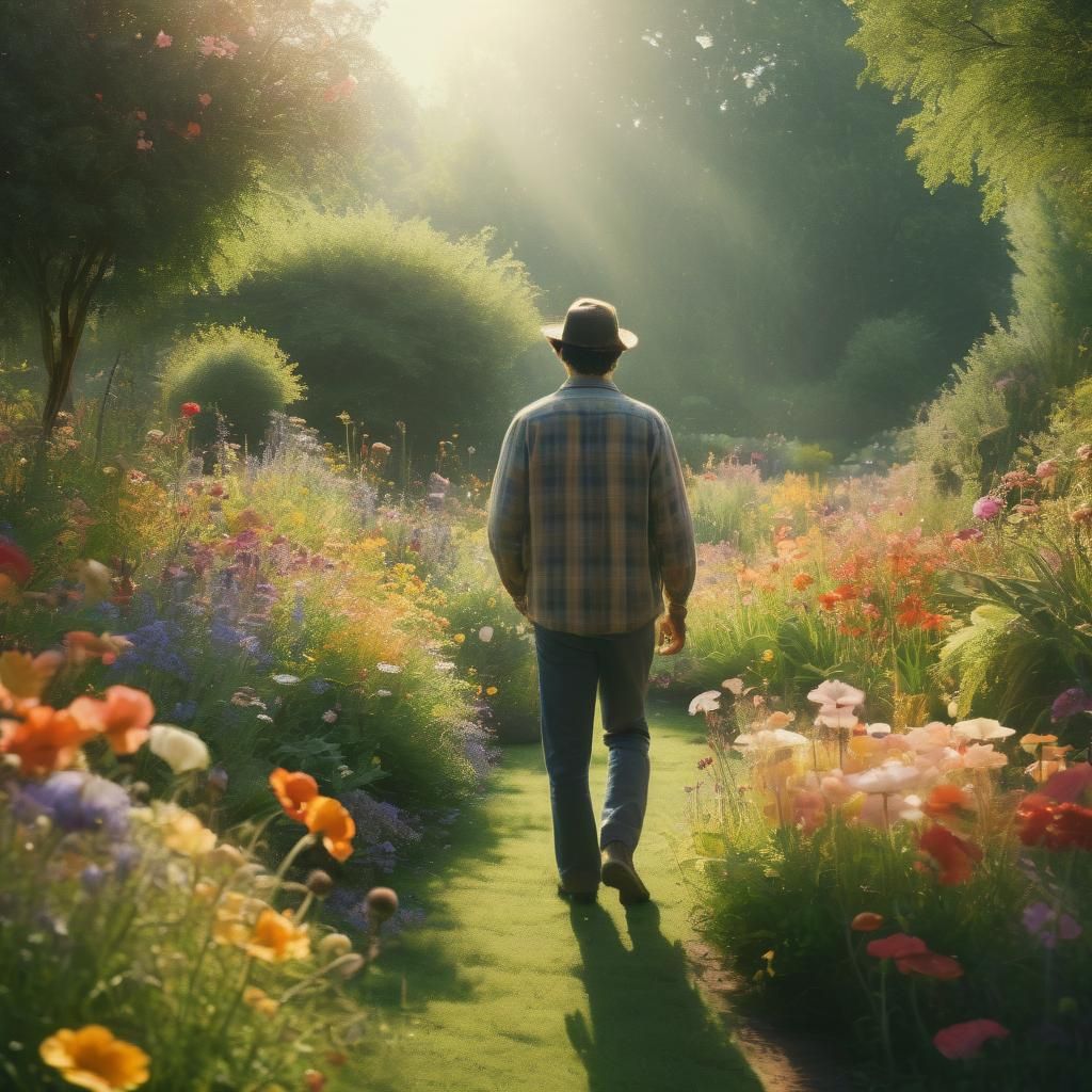 Sunlit Gardener in Serene Flower Garden
