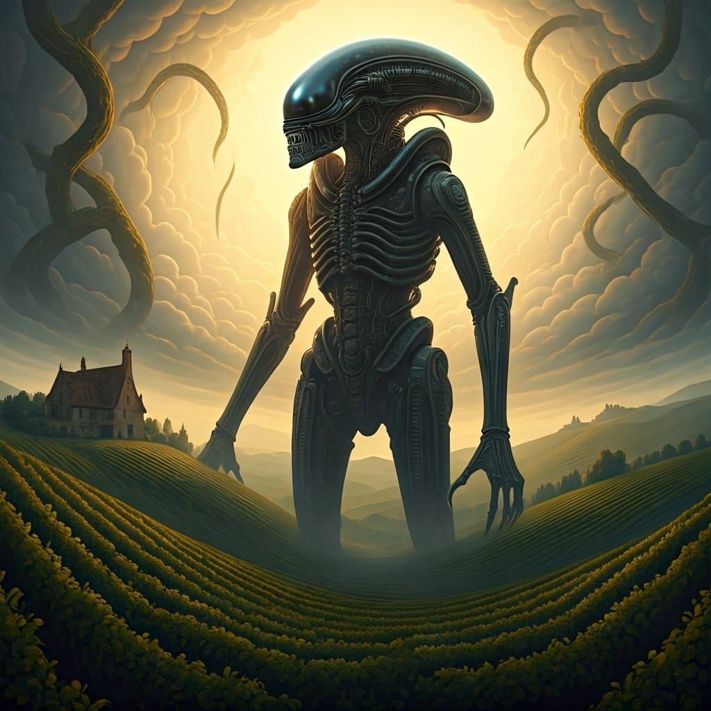 Giger-Inspired Xenomorph in a Dreamlike Vineyard Landscape