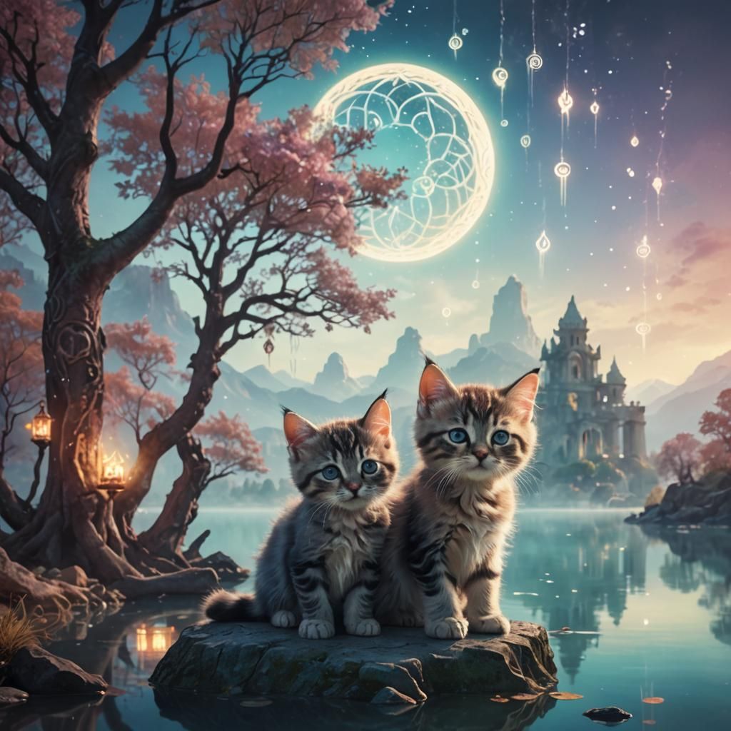 Kittens Play in Surreal Digital Art Landscape