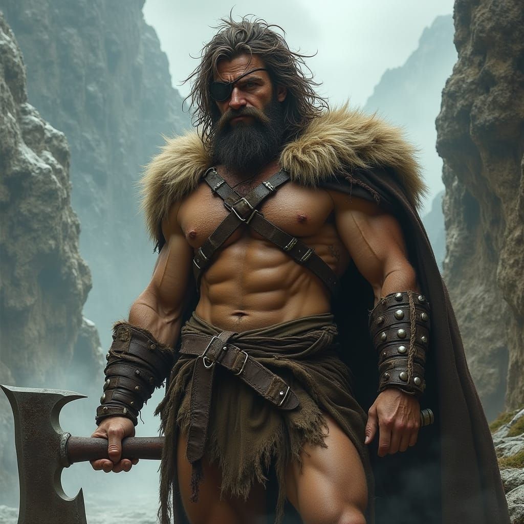 Rugged Barbarian Warrior in Dark Fantasy Landscape