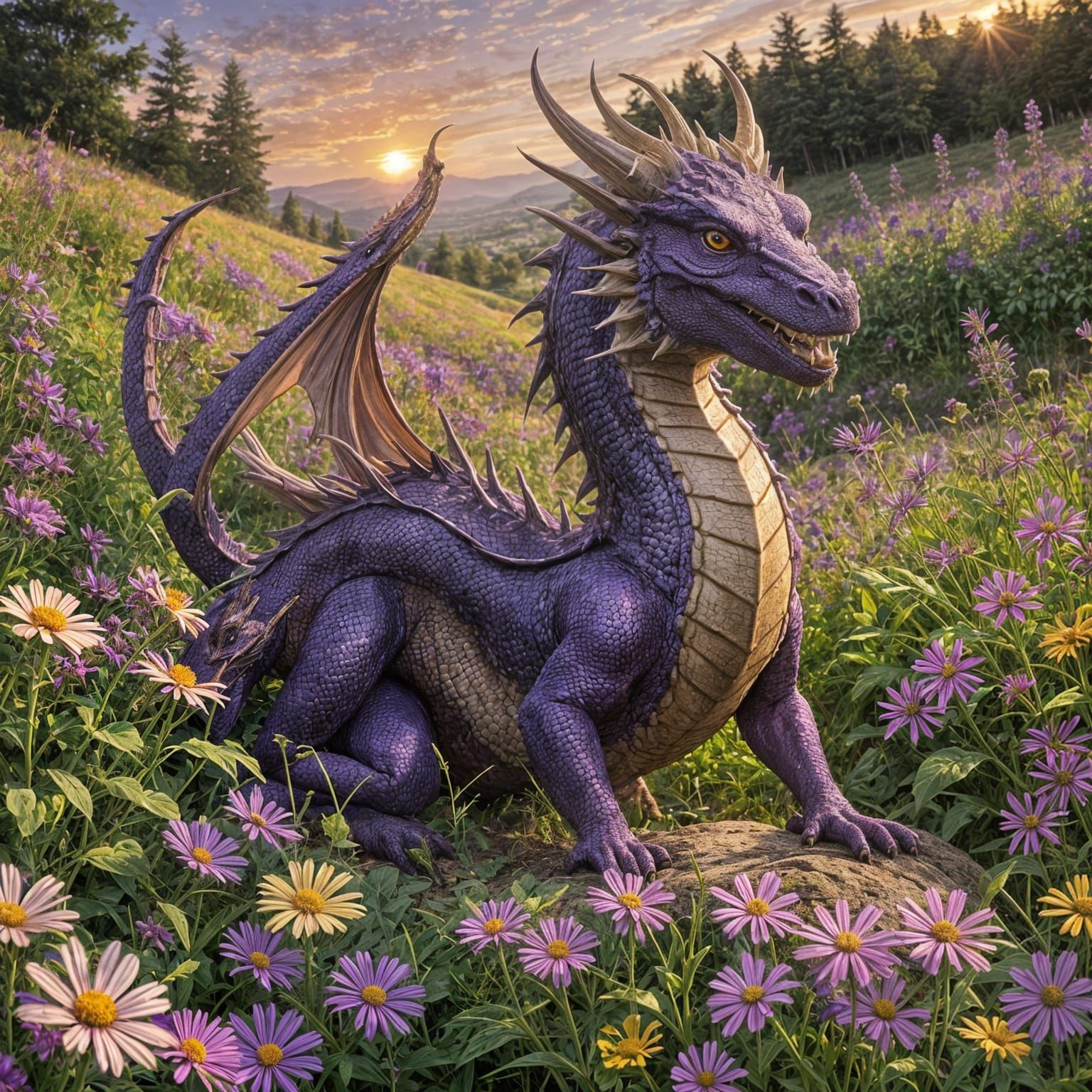 Purple Dragon's Sunset Feast in Wildflower Field
