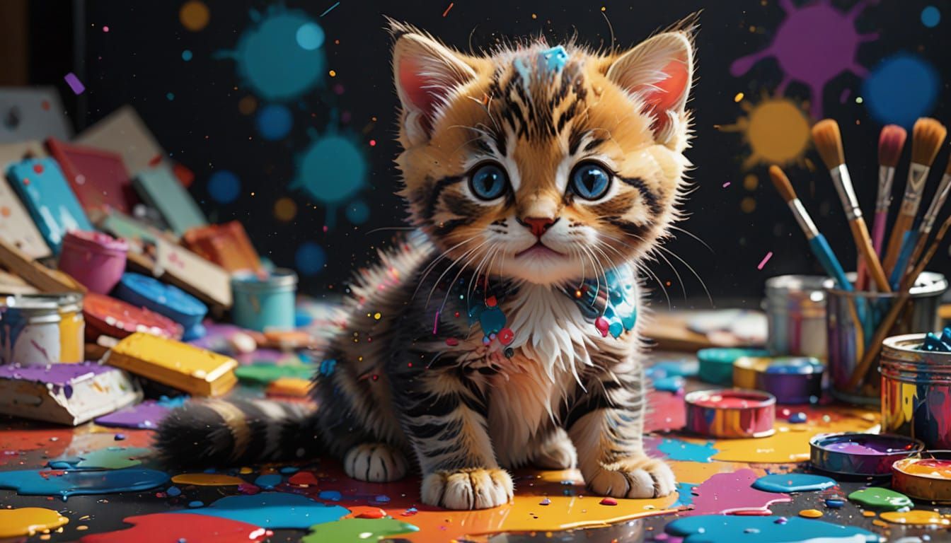Chibi Kitten in a Splash of Colorful Paint