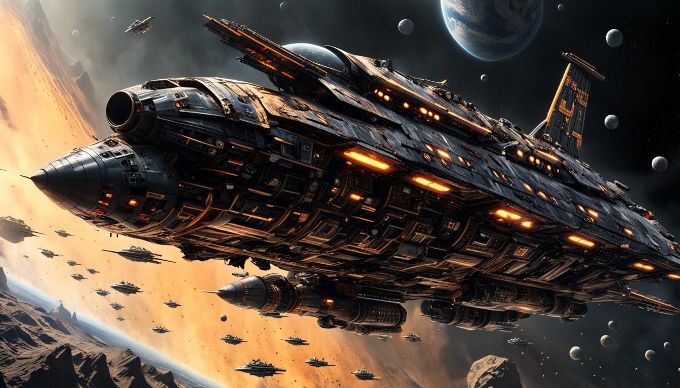 Space Fleet Crash Landing in Chris Foss Style