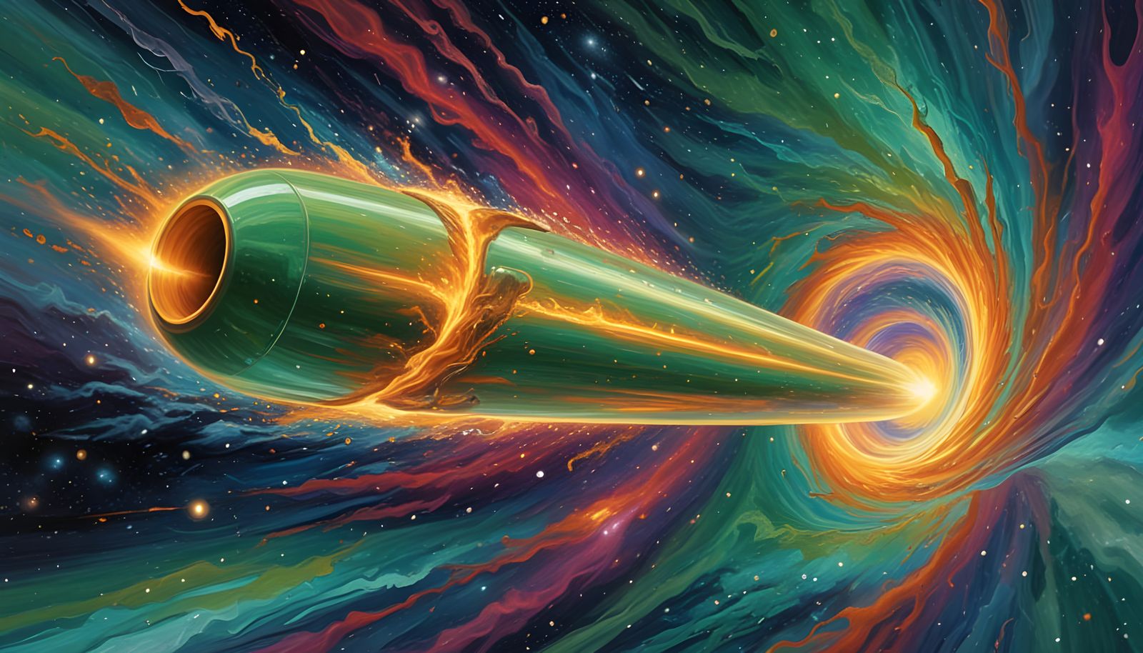 Glowing Starship Hurtles Through Cosmic Vortex