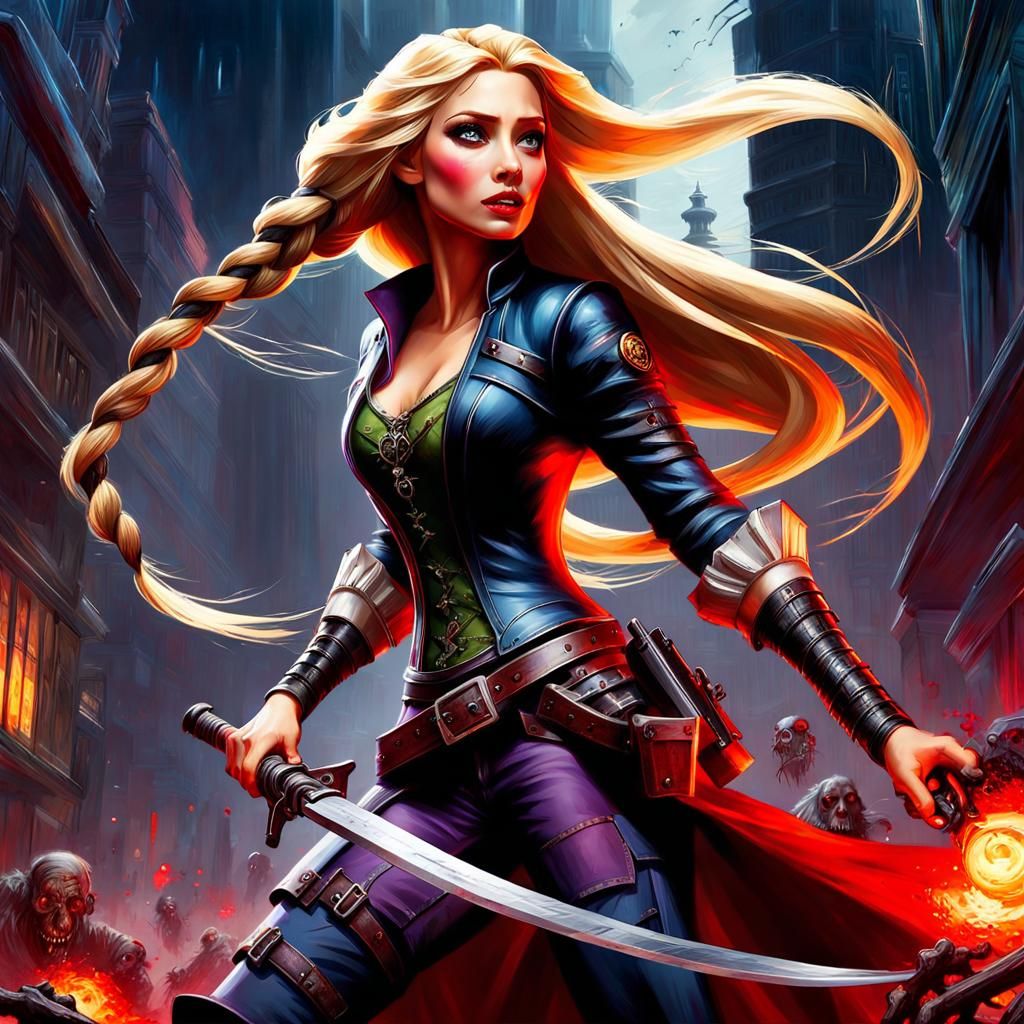 Apocalyptic Rapunzel Slaying Zombies with Hair Whip
