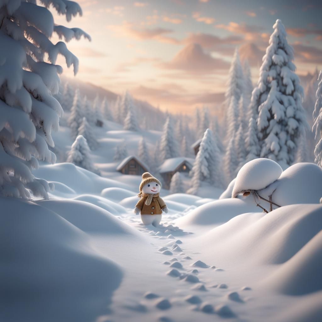 Cute Snow Landscape with Snow Doll