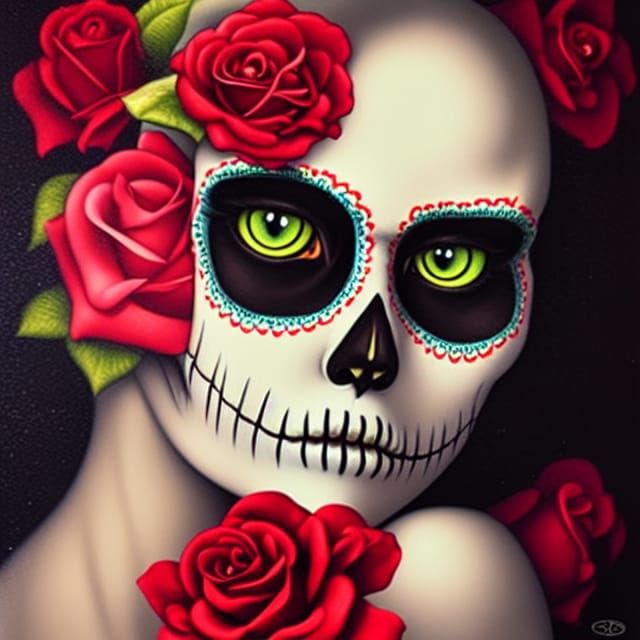 Sugar Skull Cat with Roses in Lowbrow Style