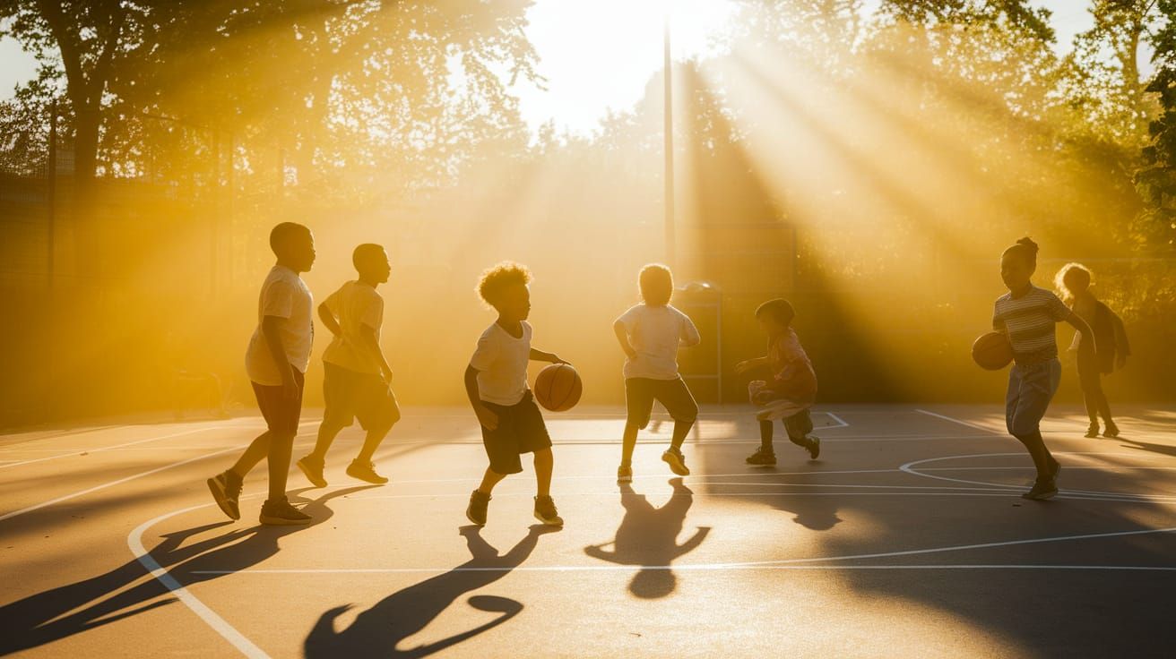 Children's Dawn Basketball Game with Godrays
