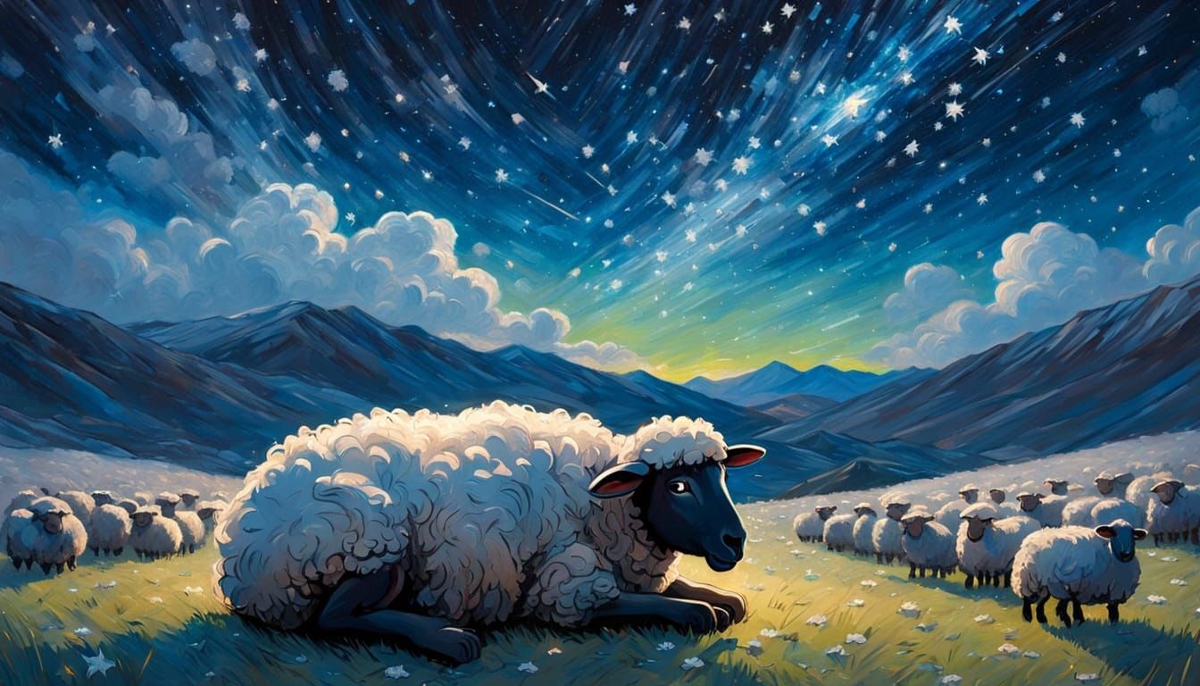 Boy on Sheep Watching Stars in Northern Lights Sky
