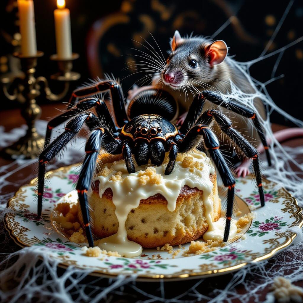 Menacing Spider Eats Victorian Pudding with Rat