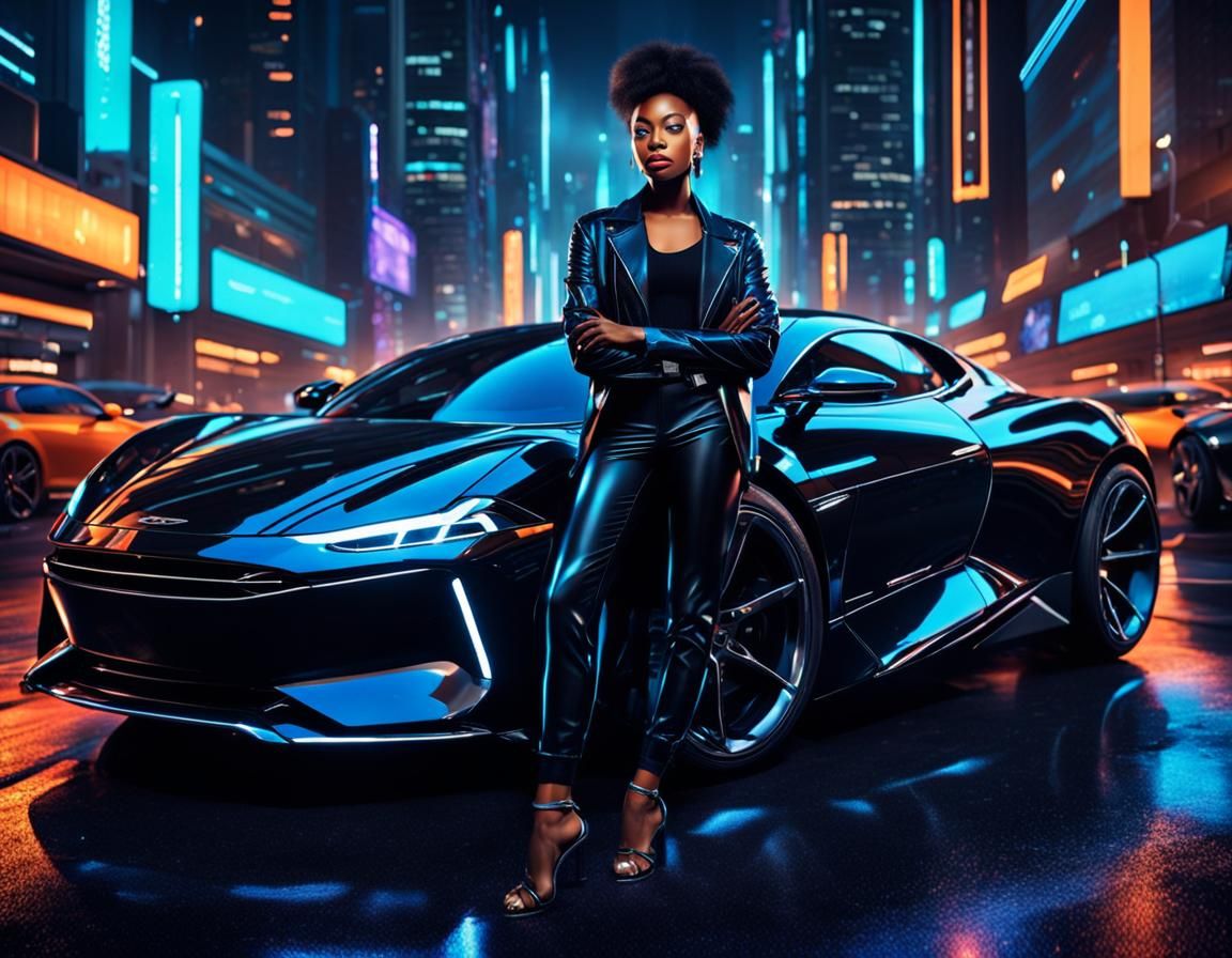 Elegant Woman in Cyberpunk City at Night