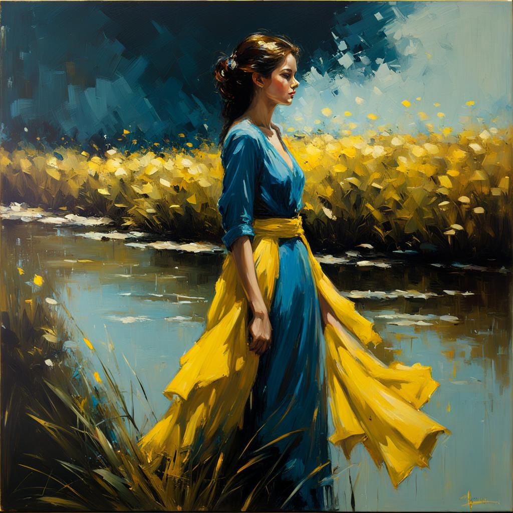 Impressionist Woman in Blue by Riverbank