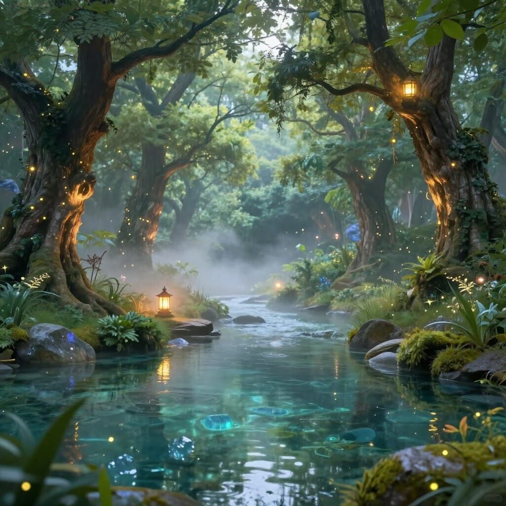 Ethereal Misty Forest Pond with Glowing Trees