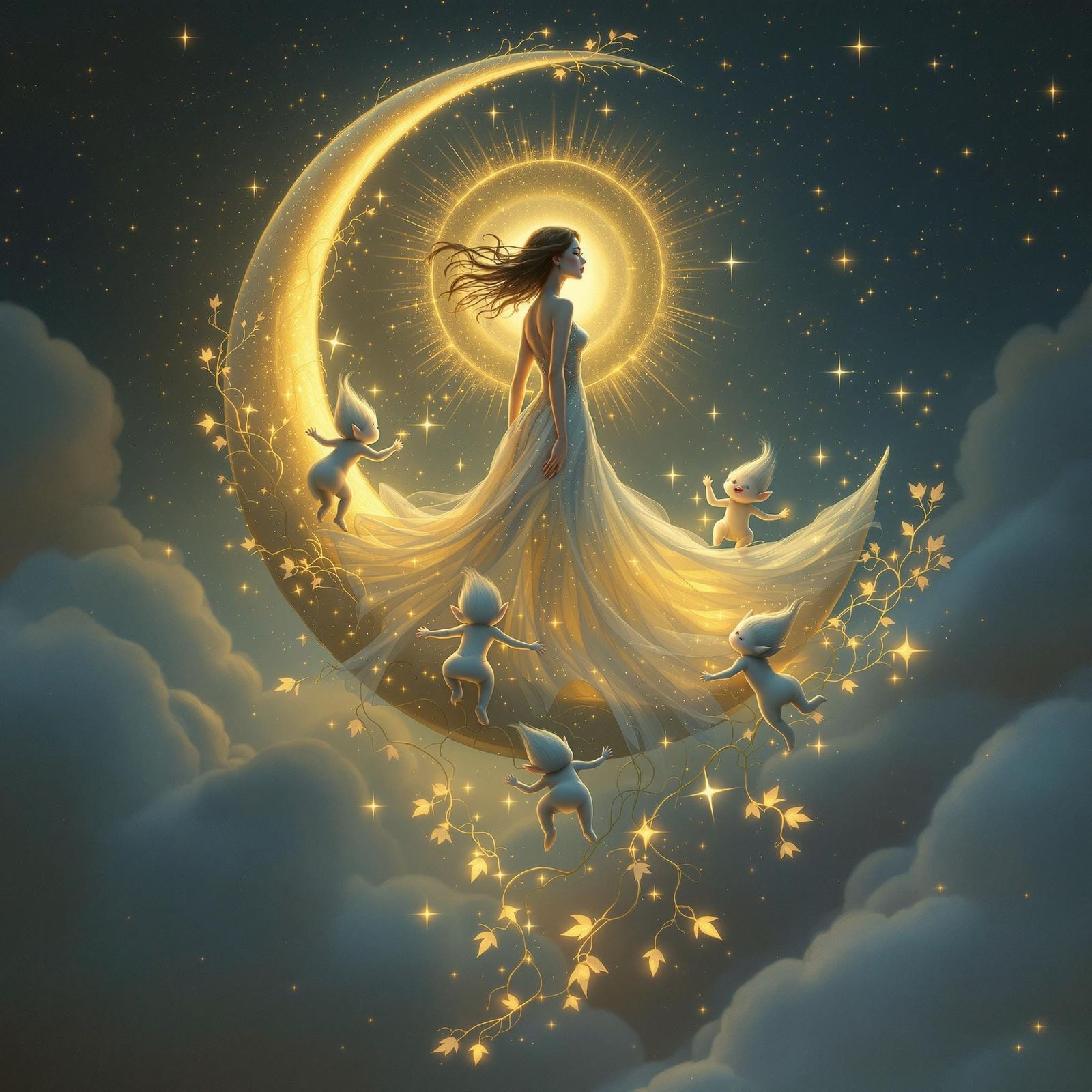 Dreamlike Scene of Woman on Crescent Moon with Trolls and Vi...
