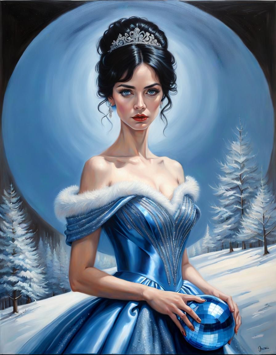 Winter Woman in Shimmering Gown: Photorealistic Oil Painting