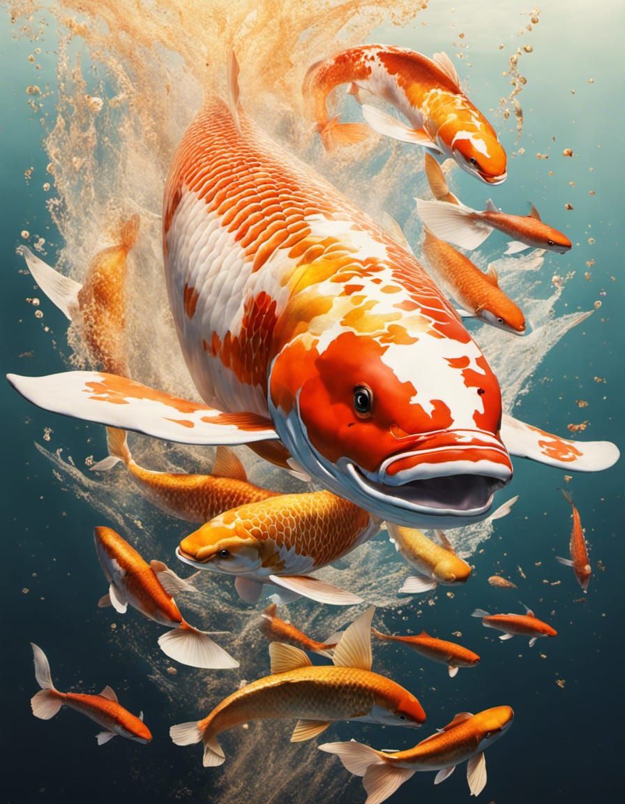 Giant Koi Leaping in Golden Light: Hyperdetailed Photo
