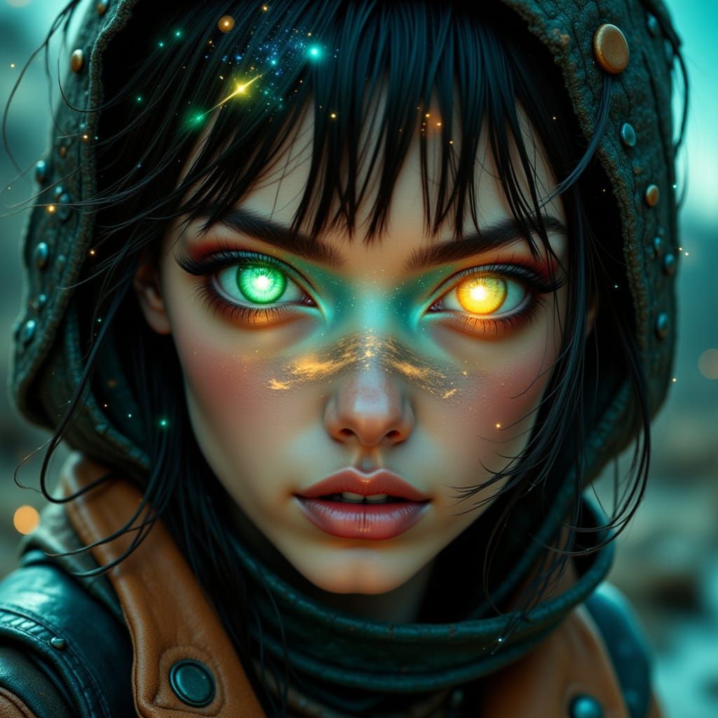 Woman's Cosmic Reflection: Sci-Fi Photorealistic Portrait