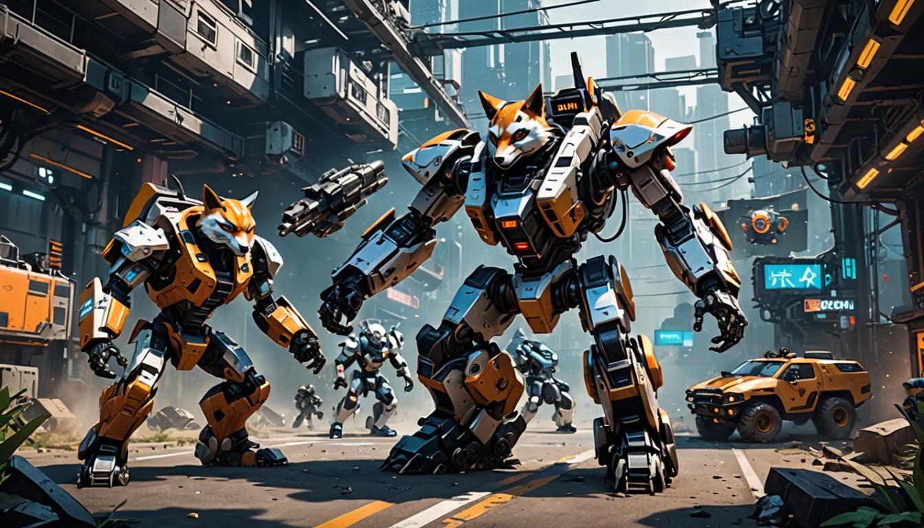 Fox Mecha vs Panda Mecha in Cyberpunk Arena