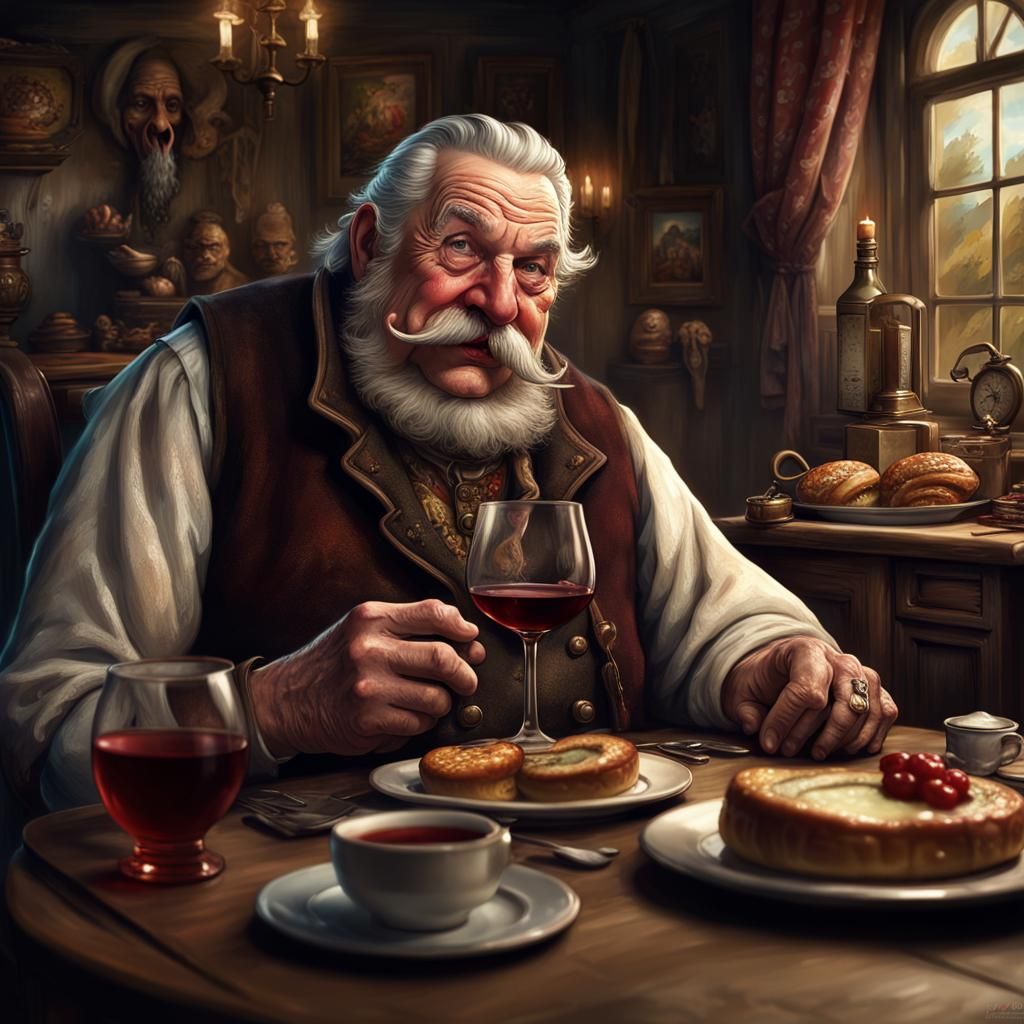 Fantasy Innkeeper Enjoying a Meal, Detailed Matte Painting