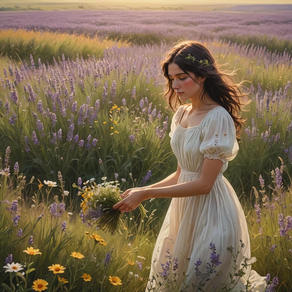 Woman with Wildflowers in a Dreamy Landscape