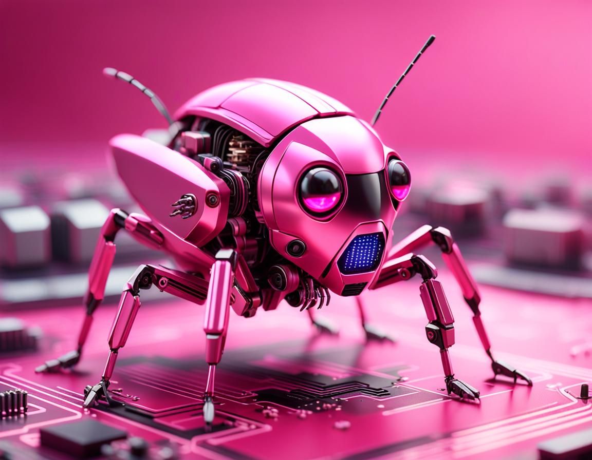 Cute Pink Cricket Robot on Circuit Board, Tilt-Shift