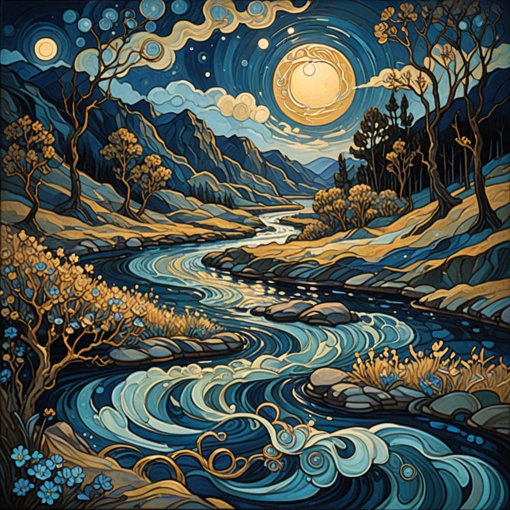 Impasto River Painting in Art Nouveau Style