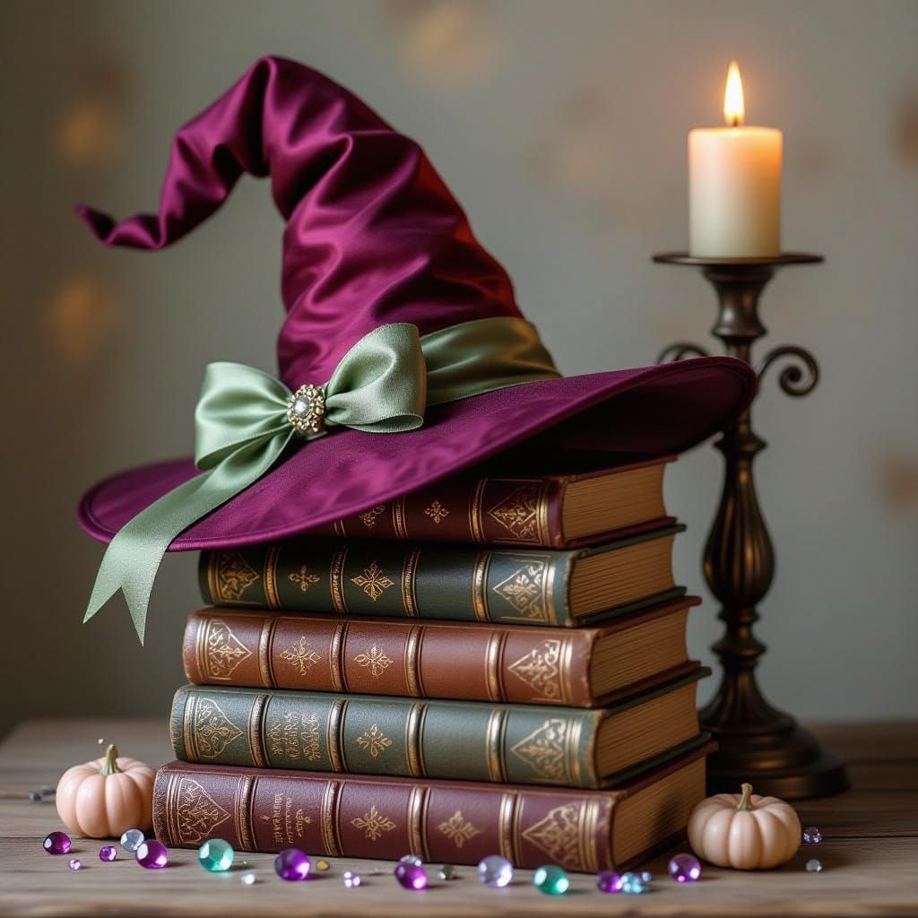 Witch's Hat on Antique Books with Pumpkin and Candle