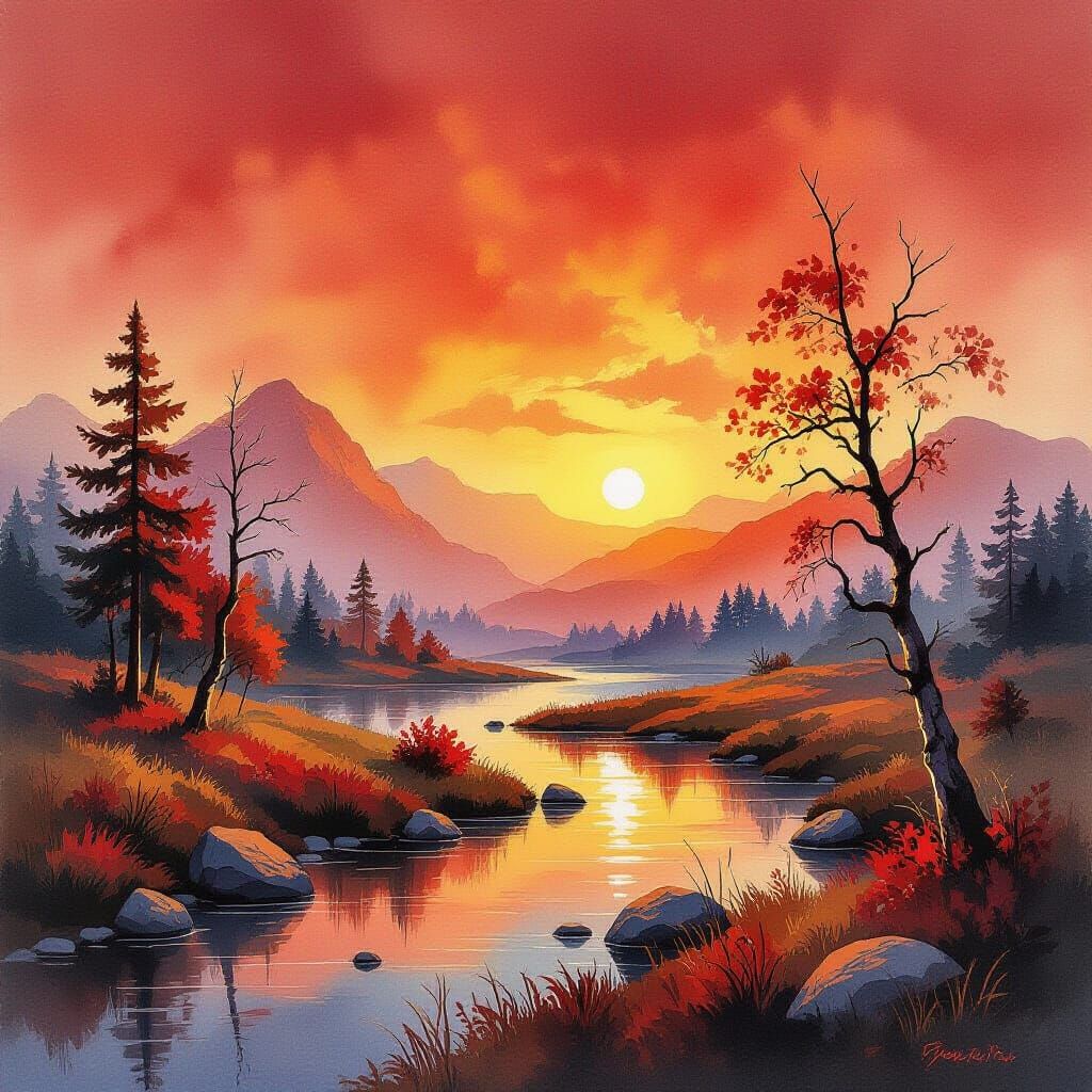 Surreal Red Landscape in Watercolor Style