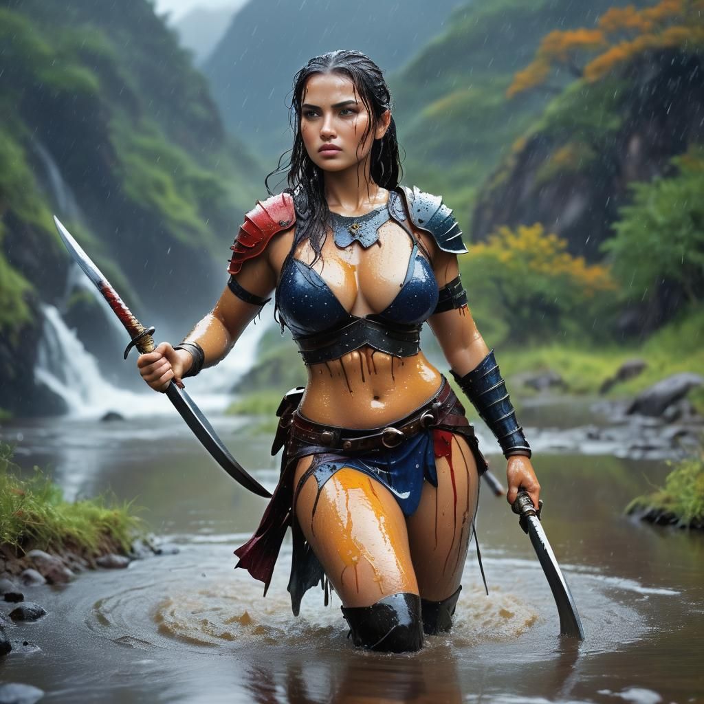 Curvy Woman Warrior in Vibrant Scenery